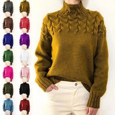 Ladies Roll Neck Warm Cable Knitted  Sweater Womens ChunkyJumper Pullover Tops
