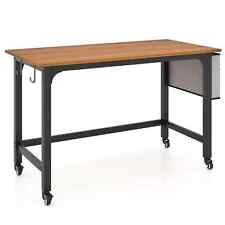 Computer Workstation Rolling Writing Study Desk On Wheels-Teak