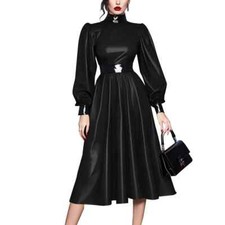 Spliced High Neck Long Sleeve Sissy Dress Latex Look A-line Pleated Midi Dress