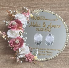 Personalised Nikah Wedding Mirror Ring Plate With Ring Holders- pink & white