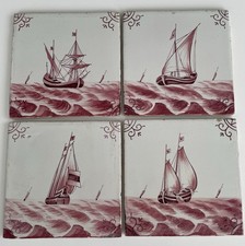 Antique 19th Century 4 Pink Delft Tiles Of Ships Hand Painted Old Very Rare