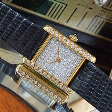 Bueche Girod Diamond Tank 18k Gold Pave Dial Manual Wind 21 mm Women's 1970s