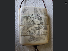 Antique Japanese inro Medicine Box Depicting Erotic Scene One Side Fish on Other