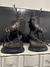 Pair Of Bronze Stags On Black Granite Bases Signed Country Hunting Interest
