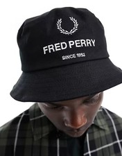 Fred Perry Bucket Hat BNWT Black Logo Print Designer Summer Festival RRP £50