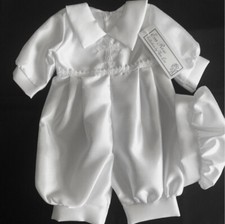 BABY BOYS WHITE & SKY CHRISTENING ROMPER OUTFIT SUIT CAP CELTIC CROSS, BAPTISM