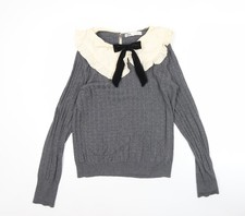 Zara Women Grey Cotton Cable-Knit Pullover Jumper with Ruffled Collar - Size 16