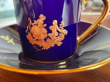 Florance Limoges Porcelain Coffee Cup & Saucer – Royal Blue with Gilded Crest