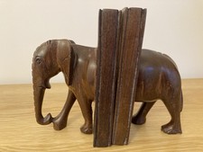 Vintage Pair of Wooden Elephant and Book Bookends Hand-Carved Heavy Dark Wood