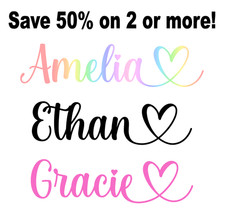 PERSONALISED Vinyl Heart Name Sticker Decal Label Water Bottle School Wedding