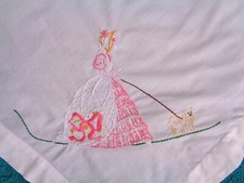Vintage White Embroidered Pink/Green Crinoline Lady/Cottage Tablecloth 32"x 31"