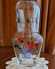 Glass Bedside Tumble Up Water Set Carafe/Tumbler Hand Painted Fruits Floral Red