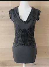 Y2K Kate Moss Topshop Grey Layer Cowl Neck Embroidered Stud Mini Tunic Dress 10 