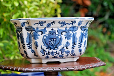 Large Portuguese Faience Blue White Cachepot Jardiniere Crest Fish c1900–1930
