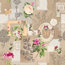 PVC TABLE CLOTH SCRAPBOOK BEIGE VINTAGE SHABBY CHIC FLORAL ROSE BUTTERFLY VINYL