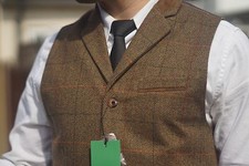 Mens Milano Tweed Waistcoat Notched Lapel  Vintage Collared Check Slim Fit