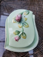 Royal Winton Grimwades Vintage 1950s Green Rosebud Lid Butter Dish England