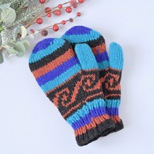 Men Woman Woolen Handknit Mittens Medium Size - Blue and Reddish-Brown