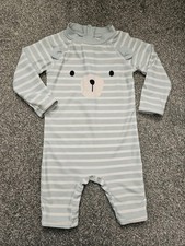 Matalan Baby Sun/Swim Suit Pale Blue Striped Bear - Spf 50 - Age 12-18 Months 