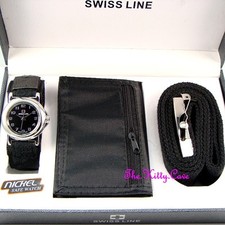 Black Silver Design Mens Watch, Belt & Wallet Box Set