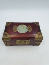Vtg Chinese Wooden Brass Trims Faux Jade Jewellery Trinket Box Red Silk Lining