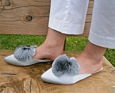 Womens Closed Toe Grey Pom Pom