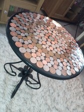 Hand crafted epoxy resin side table inlayed with coins up cycled 
