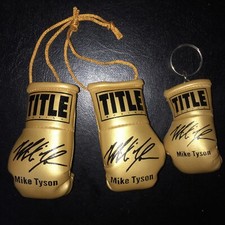 MIKE TYSON Autographed Mini Boxing Gloves & Keyring GOLD LIMITED EDITION Gift 