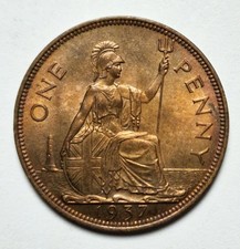 1937 George VI PENNY Bronze Coin - UNC  Uncirculated with Red Mint Lustre  b