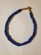 Vintage Blue Glass Beads Necklace With Button Fastener