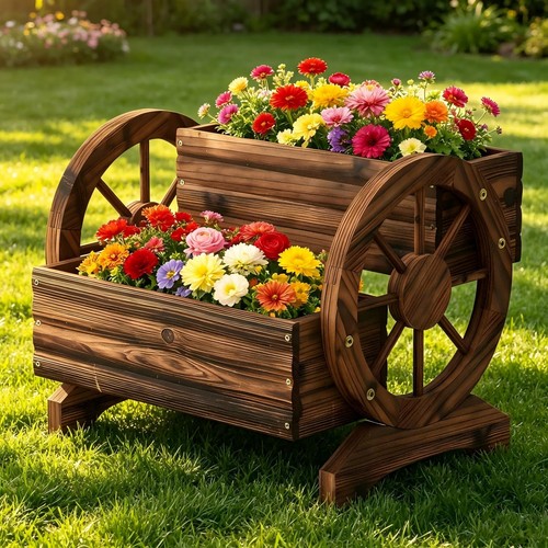 Wooden wagon planter - wooden, cute