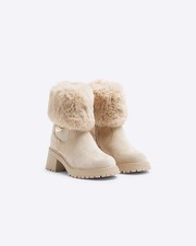 River Island Girls Heeled Boots Beige Faux Fur Cuff Block Casual Size Zip Shoes