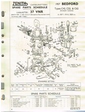 BEDFORD C42 C52 C62 F.CONTROL TRUCK 1957 ZENITH CARB SERVICE BULLETIN/PARTS LIST