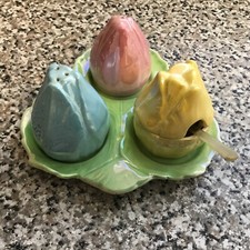 MALING POTTERY LUSTRE TULIP CRUET SET- CONDIMENT TRAY, SALT, PEPPER & MUSTARD.
