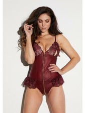 Ann Summers Tasha wetlook lace detail zip front bodysuit - Burgundy - Size Small