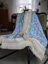 1970s Vintage Psychedelic Floral Fringed Double Throw, Textile Cutter Quilt 