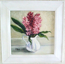 Pretty pink spring flowers hyacinths in milk jug signed original oil painting 