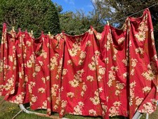 Pair Vtg 1950s red silk ? daisy floral pattern curtains 74"w x 55" drop x 2 TLC