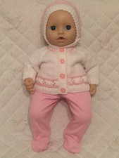 Dolls Clothes for 43cm Baby Annabell -3pce Sparkly Pink & White Handknit Set