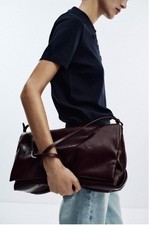 Zara 2025 Luxury Large Coated Flap Clutch Bag with Strap - Burgundy Red