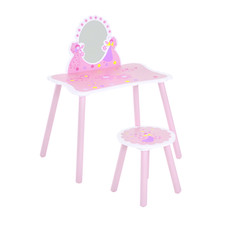 HOOMCOM Girls Kids Pink Dressing Table Make Up Play Set Desk Chair Mirror Wooden
