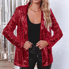 Ladies Women Glitter Sequins Long Sleeve Open Coat Jacket Blazer Party Tops SIZE