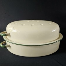 Lge Cream Oval Enamel Casserole Roasting Tin  & Lid L 15"x W 10.5"x H7" Vintage