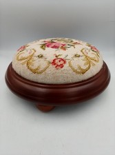 French Vintage Wood Based Foot Stool, Hand Sewn Needlepoint Cushion Cross Stitch