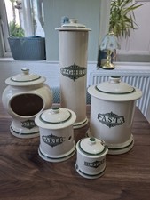 ALL 5 =Victorian Pottery 1869 Green Spaghetti Jar, Salt, Pasta, Garlic & Mustard