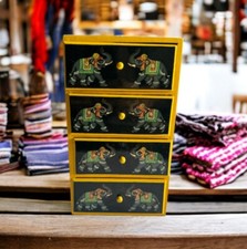 Jewelry & Trinket Organiser - Wooden 4-Drawer Chest Box Hand painted Elephants