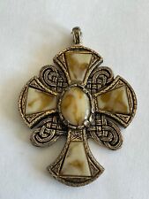 Vintage Miracle Pendant, Scottish Celtic Cross, Cream Agate styled glass, signed
