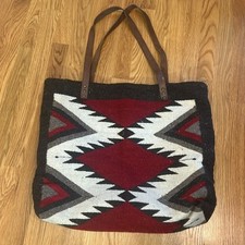 Vintage Navajo blanket bag oversize shoulder tote brown red bone 21”w  18” h