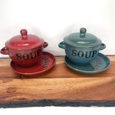 Red & Blue Lidded Soup Bowls & Plates Rustic Retro Kitchenware