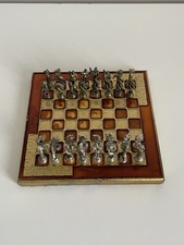Vintage Metal Greek Theme Chess Set -Travel Small Size Board